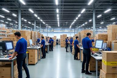 Centre logistique moderne de Paris avec colis et personnel en action